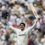 Shubman Gill raises bat after scoring century at Edgbaston 2025