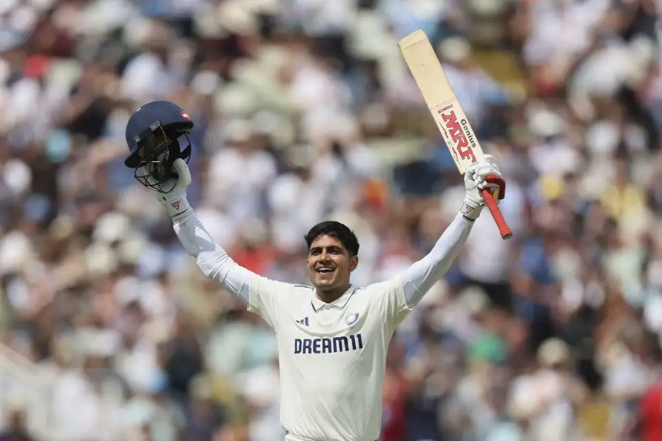 Shubman Gill raises bat after scoring century at Edgbaston 2025